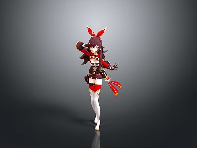 Anime Female Character Design With Red Bow Dark Hair Red Black Outfit White Stockings And Red Props 3d model