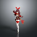 Anime Female Character Design With Red Bow Dark Hair Red Black Outfit White Stockings And Red Props