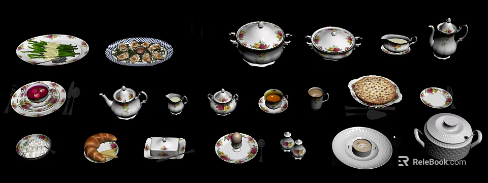 Assorted Ceramic Wares Including Casserole Pots Bowls Plates Mugs Teapots And Creamers With Floral Patterns 3d model 