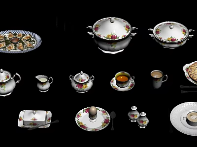 Assorted Ceramic Wares Including Casserole Pots Bowls Plates Mugs Teapots And Creamers With Floral Patterns 3d model