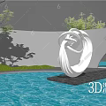 Modern White Abstract Sculpture with Curved Design in Garden with Water Reflection and Green Plants
