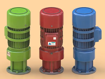Industrial Electric Motors with Cooling Fins in Green Red Blue Colors 3d model