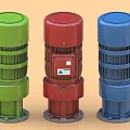 Industrial Electric Motors with Cooling Fins in Green Red Blue Colors