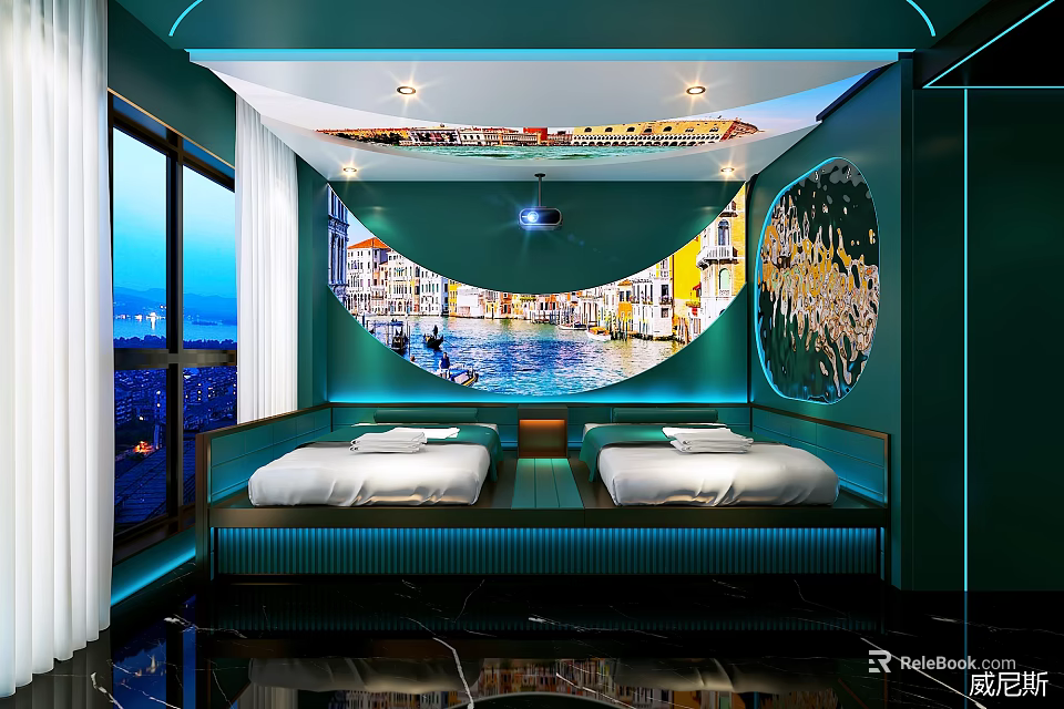 Luxurious SPA Sauna Room With Twin Beds Green Decor Venice Canal Mural And City View 3d model 