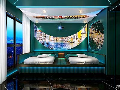 Luxurious SPA Sauna Room With Twin Beds Green Decor Venice Canal Mural And City View 3d model