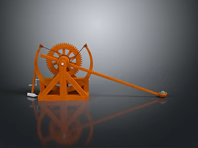 Ancient Mechanical Catapult Weapon With Orange Gear And Long Arm Structure 3d model