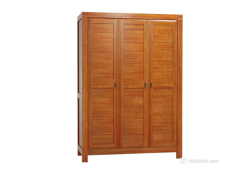 Warm Brown Solid Wood Three Door Wardrobe With Vertical Striped Panels And Metal Handles 3d model 