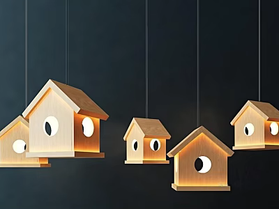 Unique Birdhouse Shaped Wooden Chandeliers with Round Holes Hanging in Modern Decor 3d model