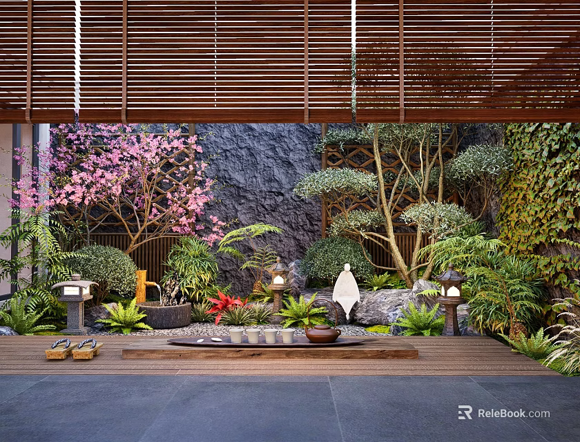 Zen Inspired Courtyard Garden With Wooden Deck Pink Cherry Blossom Tree And Rocky Stone Wall 3d model 