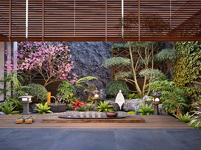 Zen Inspired Courtyard Garden With Wooden Deck Pink Cherry Blossom Tree And Rocky Stone Wall 3d model