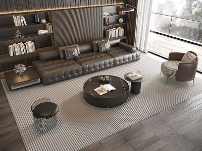 Modern Black Leather Sofa and Round Coffee Table Set with Magazines Green Plant Armchair Bookshelves 3d model
