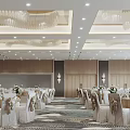 Elegant Banquet Hall Interior With Set Tables Chairs Centerpieces And Chandeliers