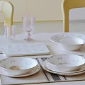 White Tableware Set With Patterned Cutting Board And Glass Cups For Home Dining 3d model