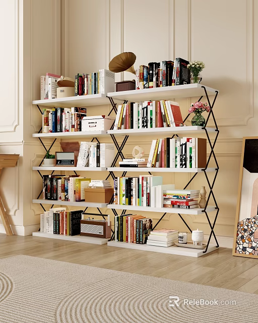 Modern Multi Layer Bookshelf with Books Decorative Items Storage Boxes and Vase in Living Space 3d model 
