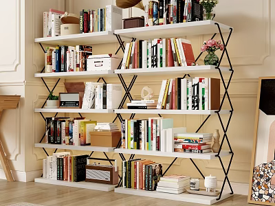 Modern Multi Layer Bookshelf with Books Decorative Items Storage Boxes and Vase in Living Space 3d model