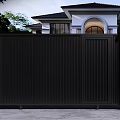 Modern Black Metal Gate with Vertical Slats Design for House Exterior and White Pillars