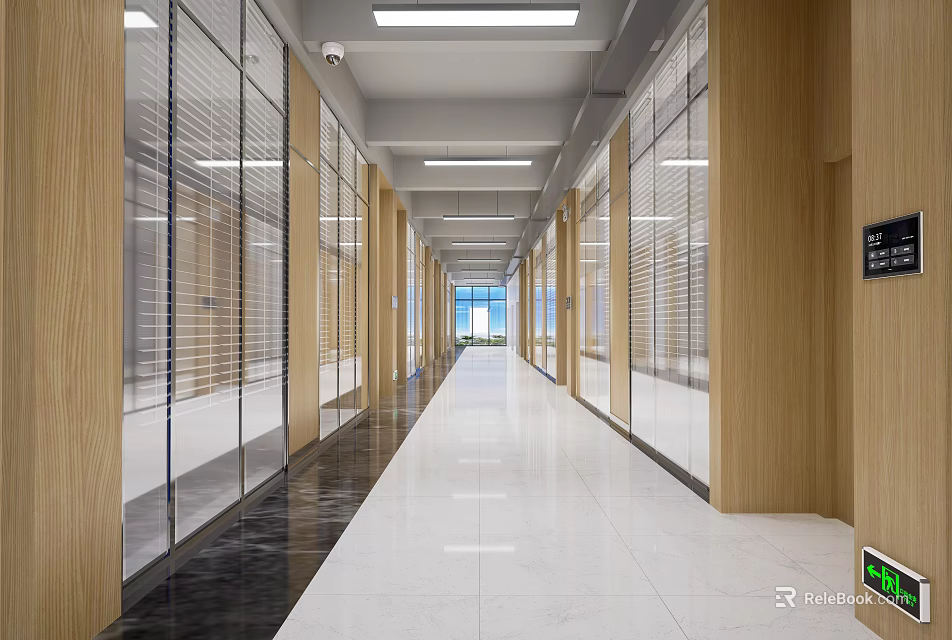 Modern Office Corridor With Glass Partitions Wooden Walls And Ceiling Lights 3d model 