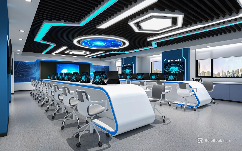 School Smart Computer Classroom Interior With Tech Elements And Desks 3d model 
