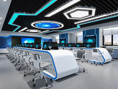 School Smart Computer Classroom Interior With Tech Elements And Desks 3d model