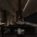 Traditional Restaurant Interior With Wooden Ceiling Woven Bamboo Seats And Central Dining Table