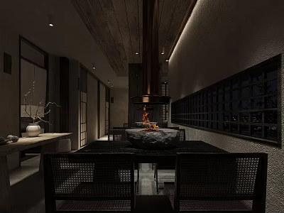 Traditional Restaurant Interior With Wooden Ceiling Woven Bamboo Seats And Central Dining Table 3d model