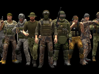 Group of Armed Individuals Wearing Tactical Vests Camouflage Uniforms and Helmets with Weapons in Tactical Poses 3d model