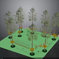 Outdoor Play Area With Pine Trees Green Surface Climbing Structures And Colorful Equipment