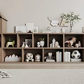 Minimalist Wooden Bookcase Adorned With Toys Books Photo Frames Football And Small Plants