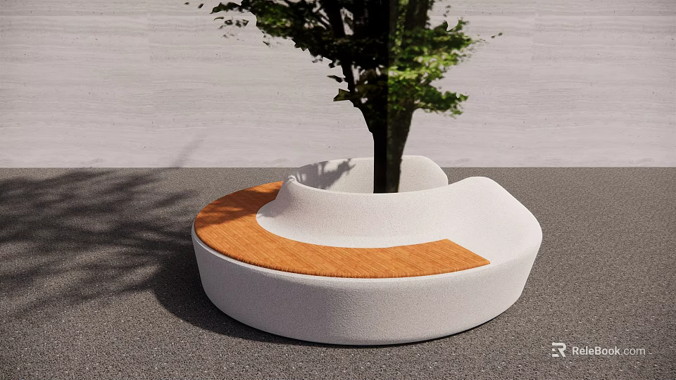 Outdoor Circular Landscape Seating With Tree in the Center Orange Cushion and White Curved Structure 3d model 