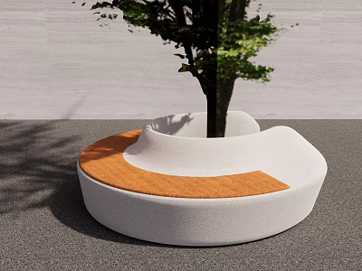 Outdoor Circular Landscape Seating With Tree in the Center Orange Cushion and White Curved Structure 3d model