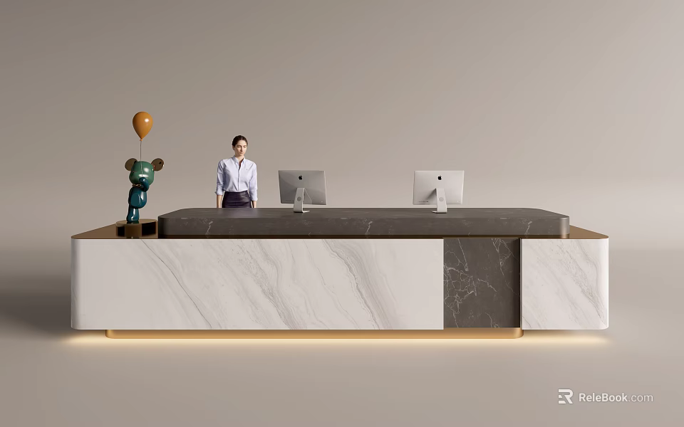 Modern Front Desk Reception Area With Marble Countertop Computers And Decorative Items 3d model 
