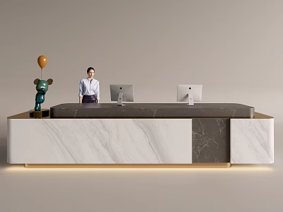 Modern Front Desk Reception Area With Marble Countertop Computers And Decorative Items 3d model