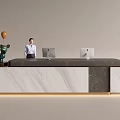 Modern Front Desk Reception Area With Marble Countertop Computers And Decorative Items 3d model