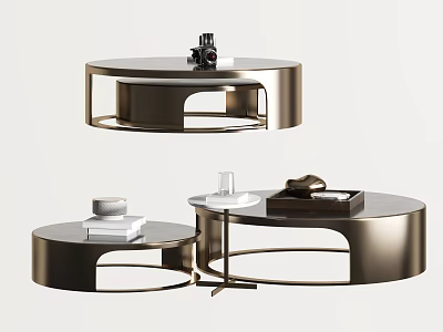 Modern Round Coffee Tables With Metal Frame And Decorative Items On Top 3d model