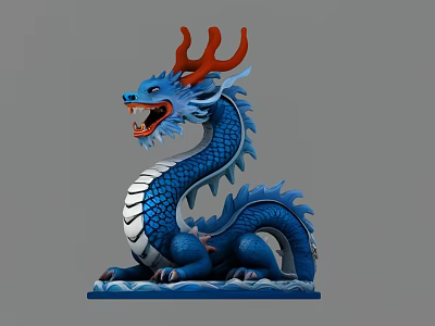 Blue Dragon Sculpture With Red Horns White Belly And Wave Base Detailed Design 3d model