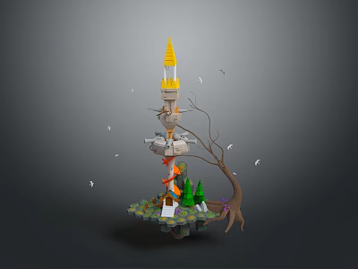 Fantasy Floating Tower Structure With Yellow Spire Root Base Green Plants And Floating Feathers 3d model