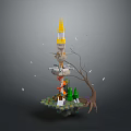 Fantasy Floating Tower Structure With Yellow Spire Root Base Green Plants And Floating Feathers