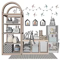 Wooden Kids Storage Shelves With Stuffed Toys Decorative Boxes And String Lights