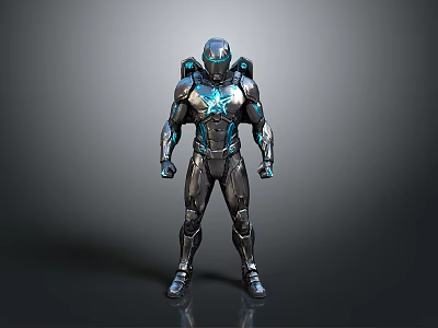 Hi Tech Biomechanical Character in Black Blue Armor with Glowing Cybernetic Elements 3d model
