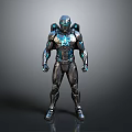 Hi Tech Biomechanical Character in Black Blue Armor with Glowing Cybernetic Elements