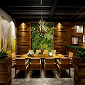 Unique Themed Restaurant Interior With Giraffe Statue Zebra Patterned Seats Wooden Shelves And Framed Artworks