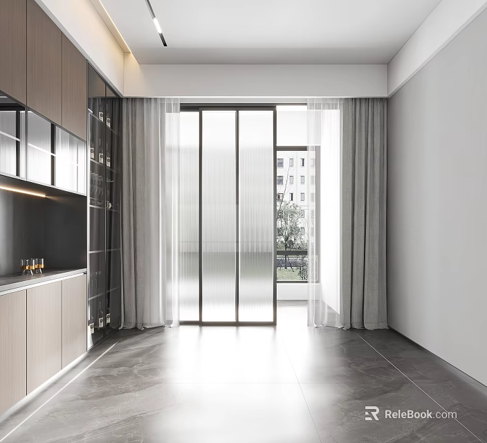 Modern Interior with Glass Sliding Doors Curtains Grey Tiled Flooring and Cabinetry 3d model 