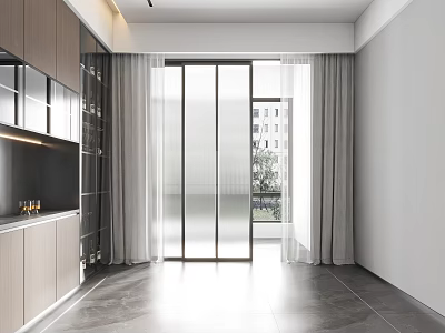 Modern Interior with Glass Sliding Doors Curtains Grey Tiled Flooring and Cabinetry 3d model