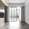 Modern Interior with Glass Sliding Doors Curtains Grey Tiled Flooring and Cabinetry