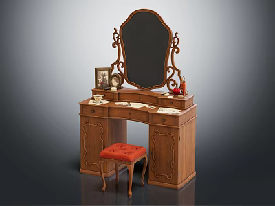 Wooden Carved Dressing Table with Oval Mirror Red Stool and Decorative Items on Top 3d model