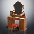Wooden Carved Dressing Table with Oval Mirror Red Stool and Decorative Items on Top