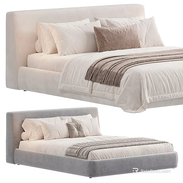 Modern Double Bed Design With Beige Light Gray Bedding And Decorative Pillows 3d model 