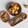 Wood Grain Ceramic Vessels Bowls Plates Trays On White Wooden Tabletop With Yellow Fruits