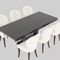 Modern Dark Rectangular Dining Table Set With Six White Upholstered Chairs 3d model