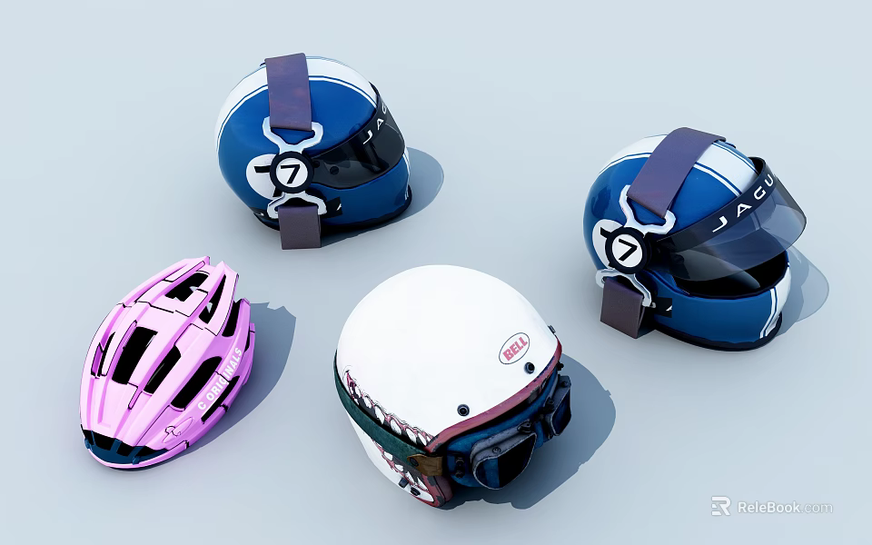 Various Helmets with Different Colors and Styles Including Pink Cycling and Blue White 3d model 
